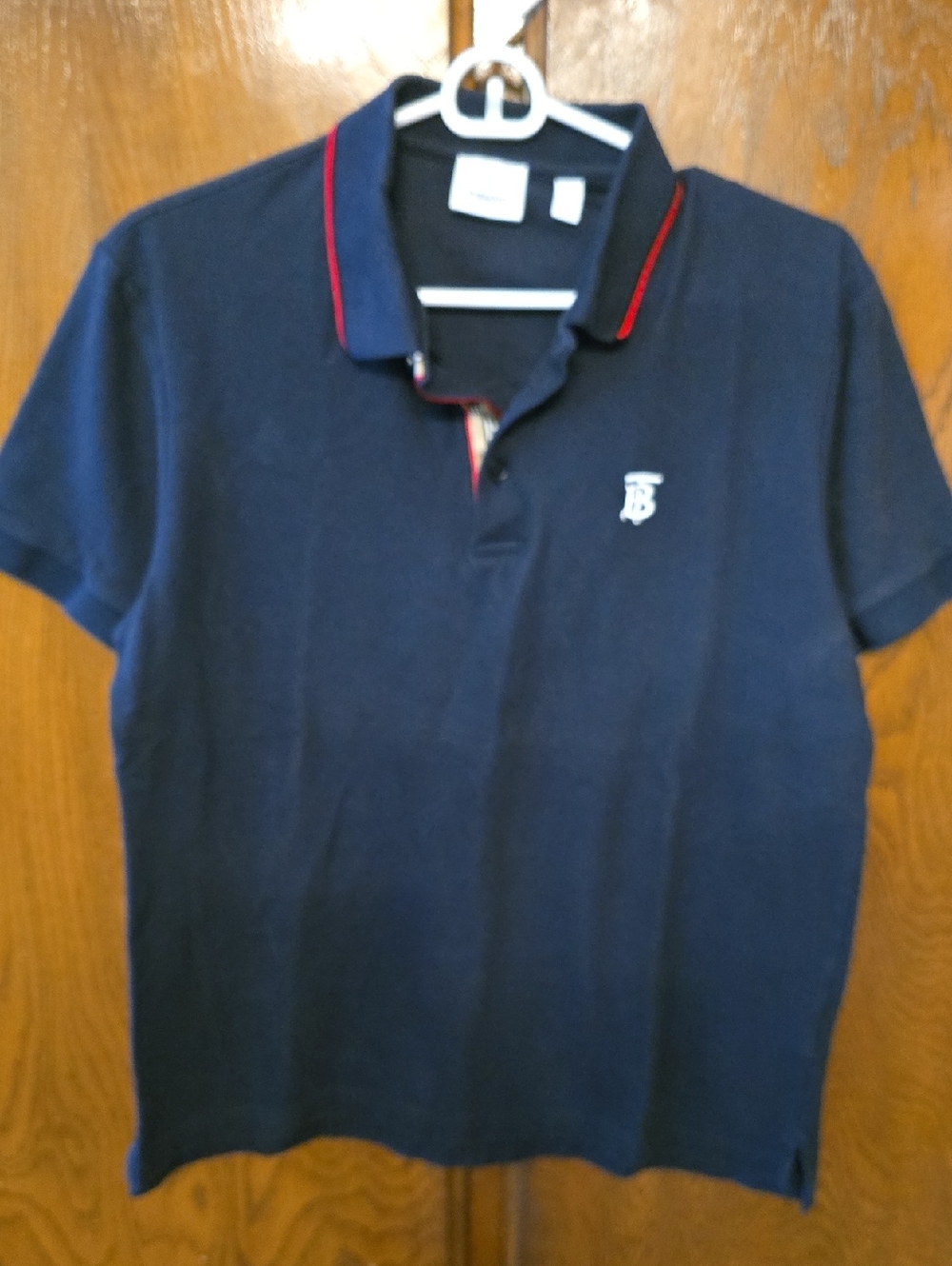 Burberry Navy Polo with Red Trim and White Monogram